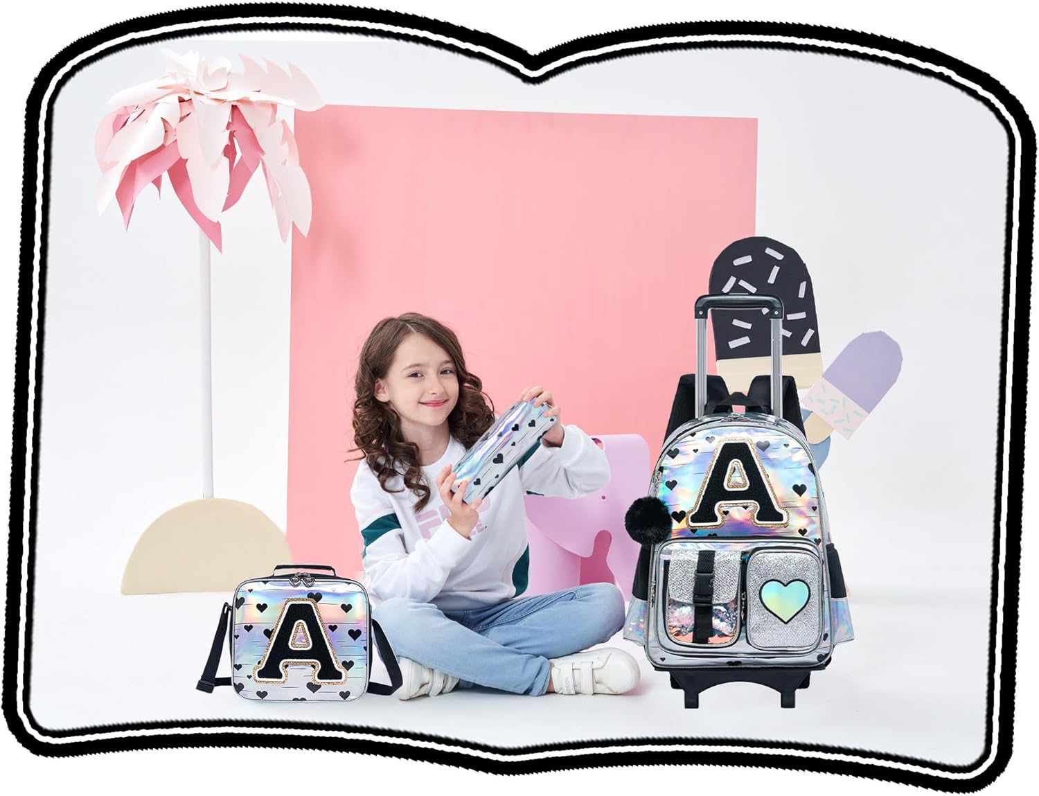 Meetbelify Rolling Backpack for Girls Backpack with Wheels for Elementary Student Kids School Bag with Lunch Box Pencil Case for Girls Ages 6-8 Years Old Black A