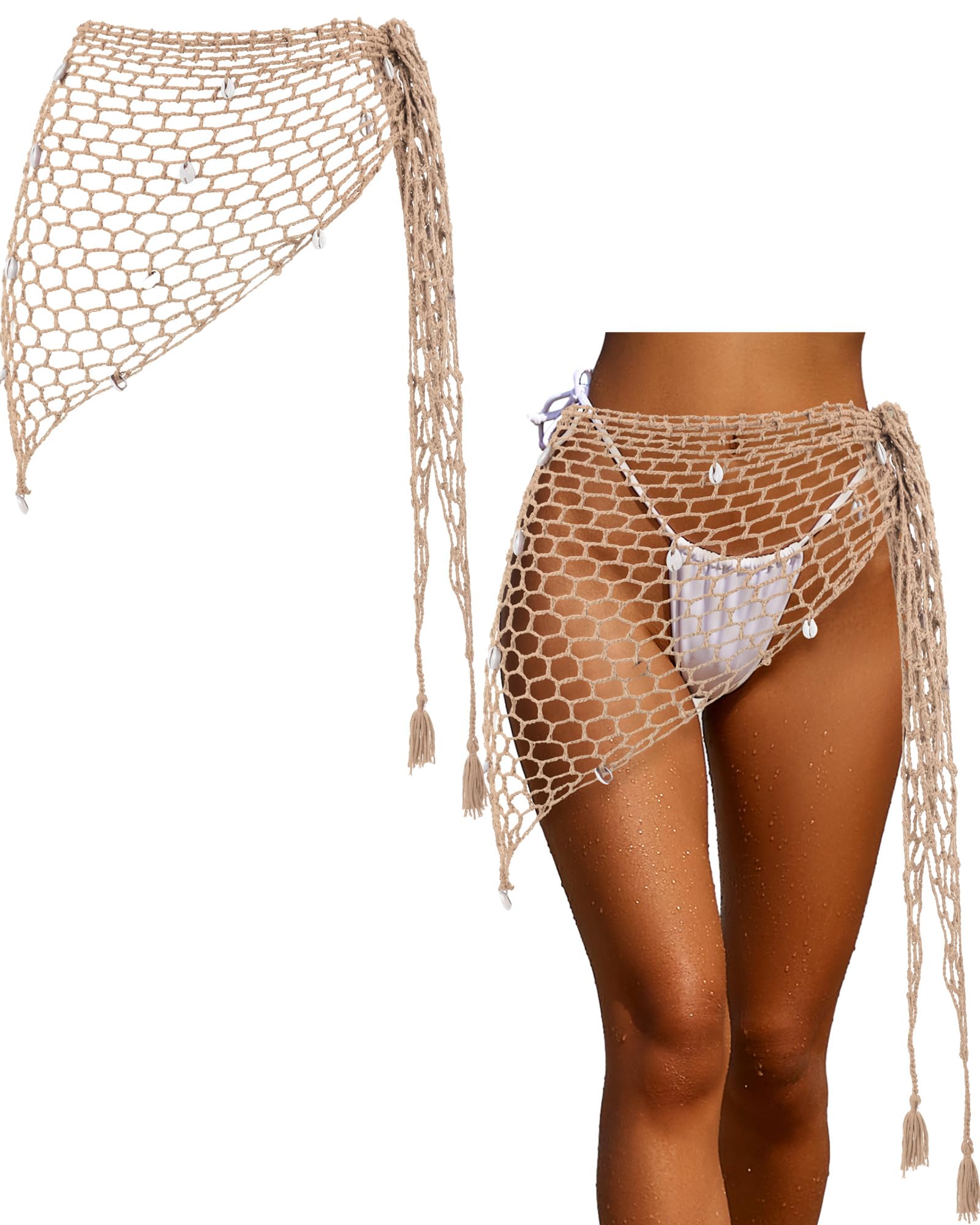 Halloween Mermaid Skirt Cosplay Women Fishnet Crochet Cover-ups Skirt Swimwear Shell Beach Wrap Halloween Outfit