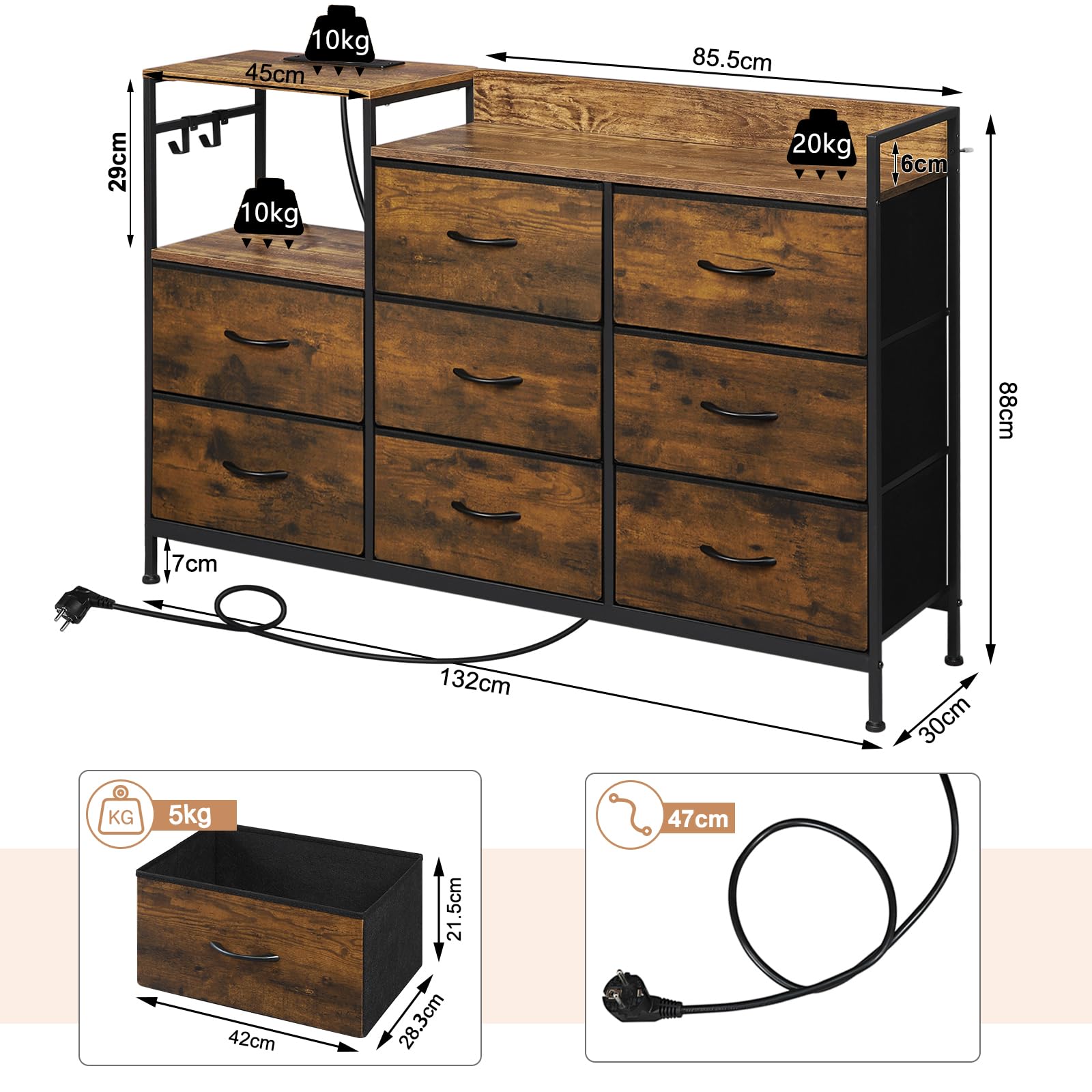 WOLTU Cómoda Dormitorio 8 Cajones de Tela, Estantes de Madera, Armario Comoda de Salon, Cajas Organizadoras, Estructura Metalica, Estilo Industrial, SSK007hov