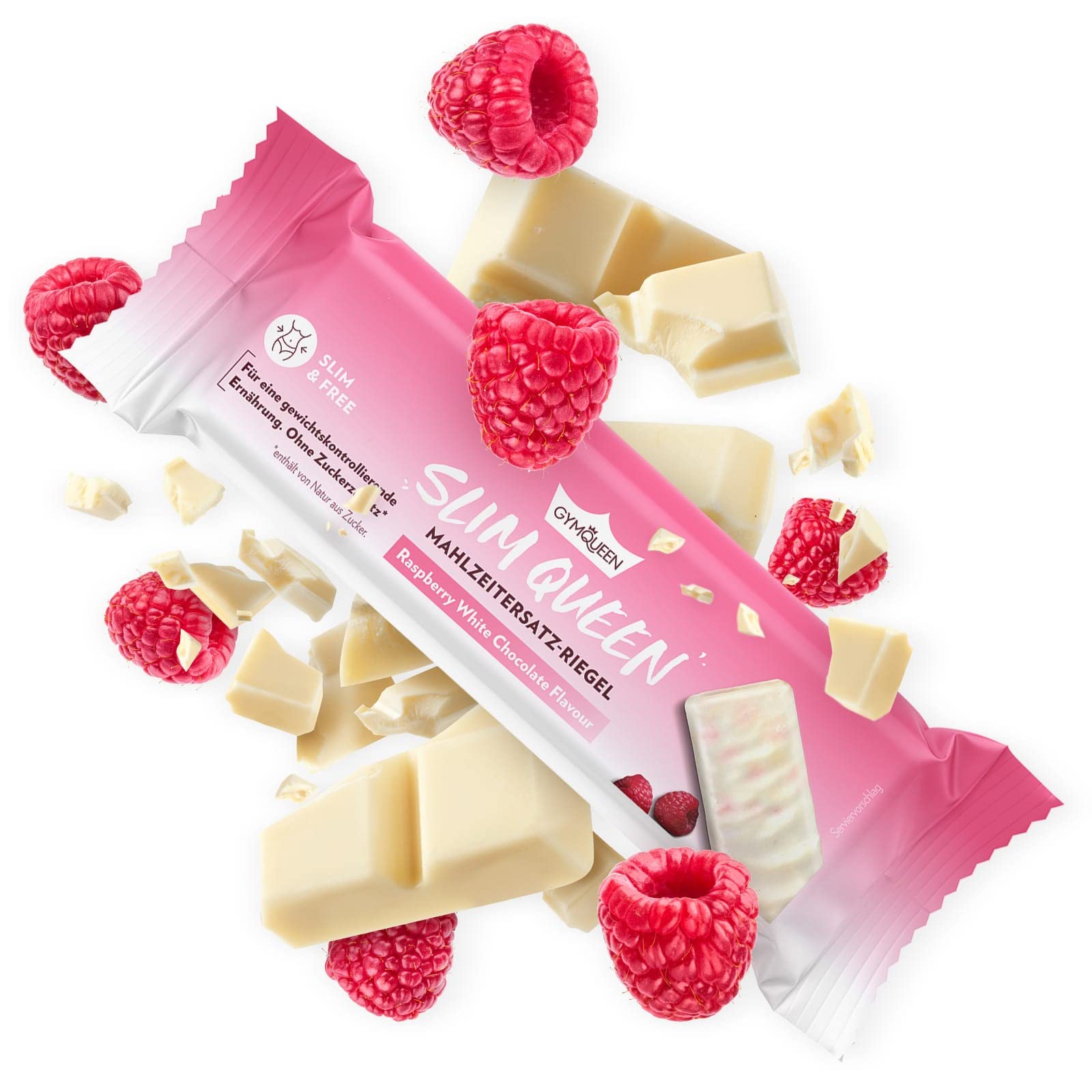 GymQueen Slim Queen Bar 12x60g, barretta sostitutiva del pasto, solo 200 kcal per porzione, con vitamine e nutrienti essenziali e ben 15g di proteine per barretta, Cioccolato bianco al Lampone