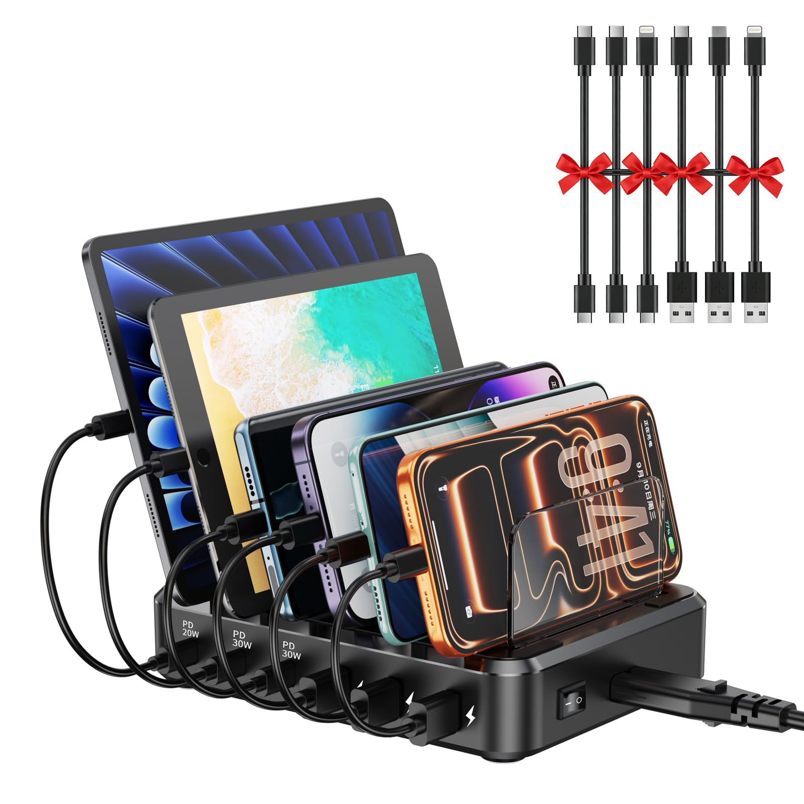 Stazione di ricarica per più dispositivi, stazione di ricarica rapida USB-C a 6 porte per iPad, iPhone, Android, telefoni cellulari, tablet, organizer per più dispositivi (6 cavi corti inclusi)