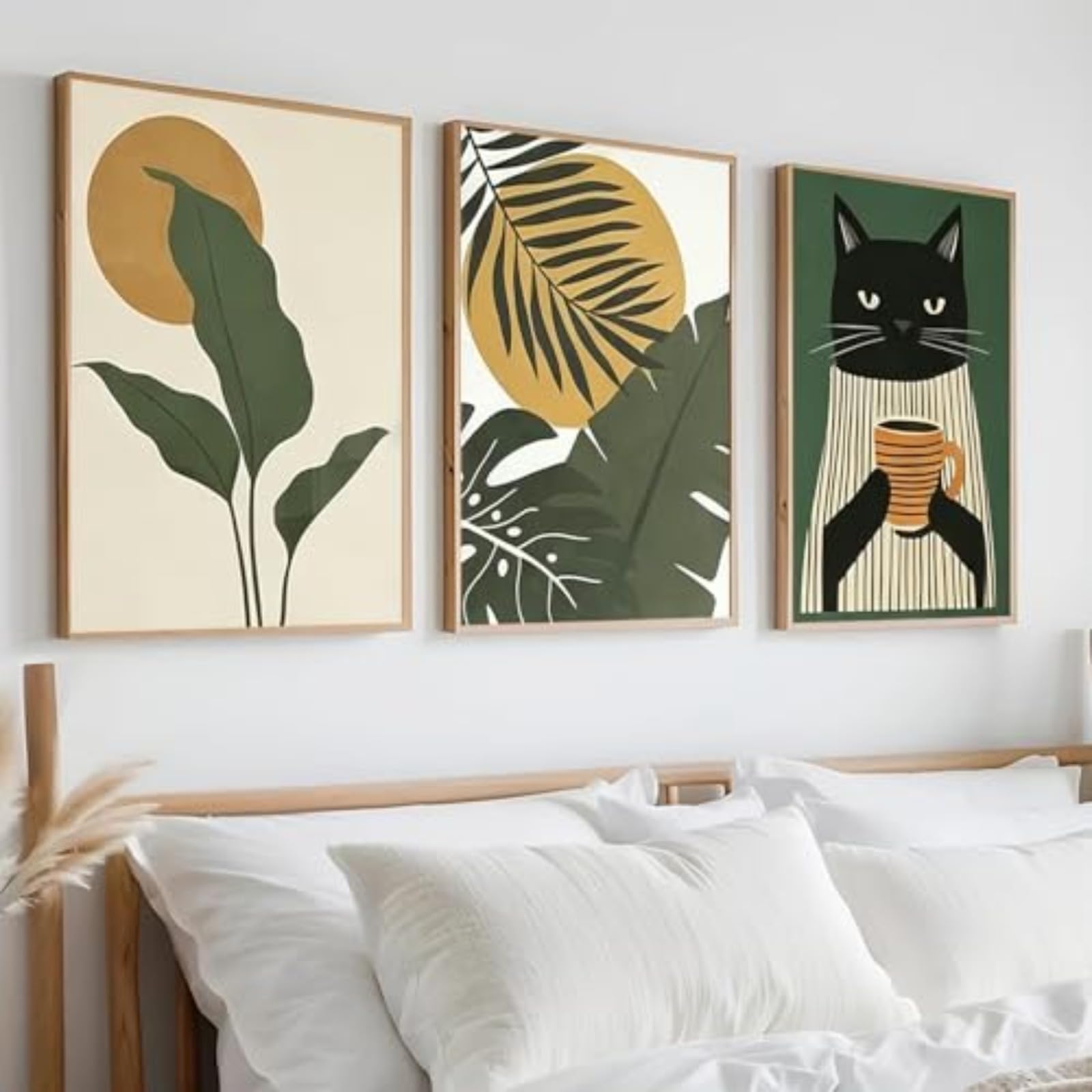 Zbello 21X30cm Set Of 3 Sage Green Tropical Wall Art, Unframed Minimalist Plant & Black Cat Prints, Aesthetic Boho Posters For Living Room Bedroom (21X30cm)