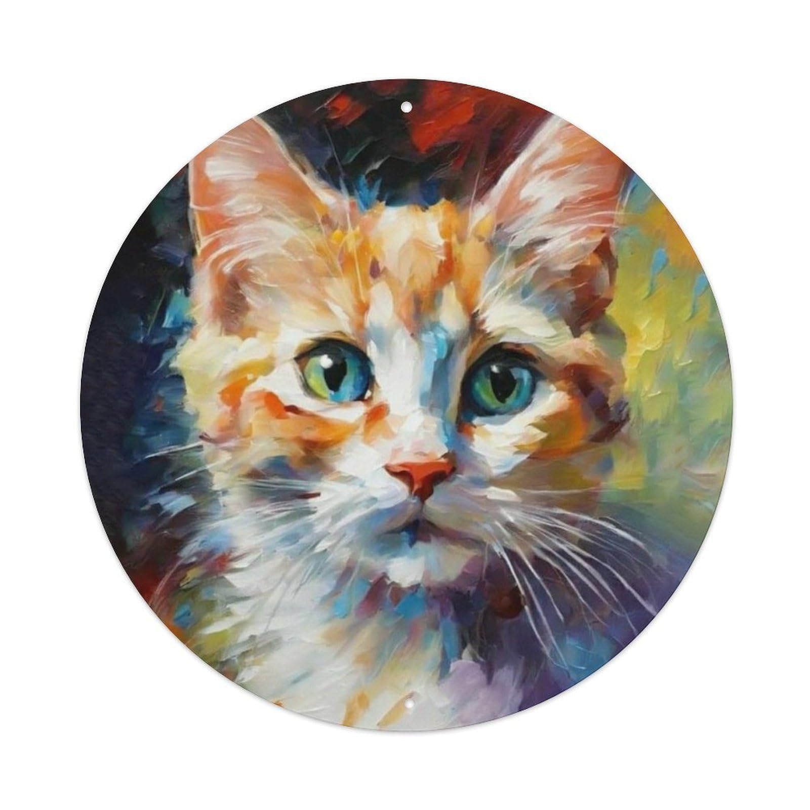 Animal Calico Cat Impressionist Style Feline Portrait Vintage Metal Tin Sign Plaque Wall Decor for Cafe, Club Bar, Office, Garden Metal Poster 8x8Inch