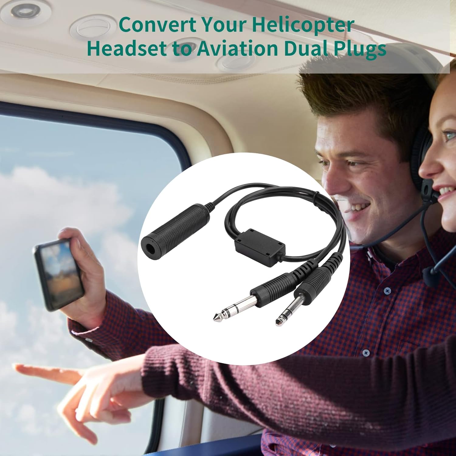 Mugast U 174 Headset Adapter,Portable Headphone Adapter Cable for Helicopter to General Aviation Dual Plugs -