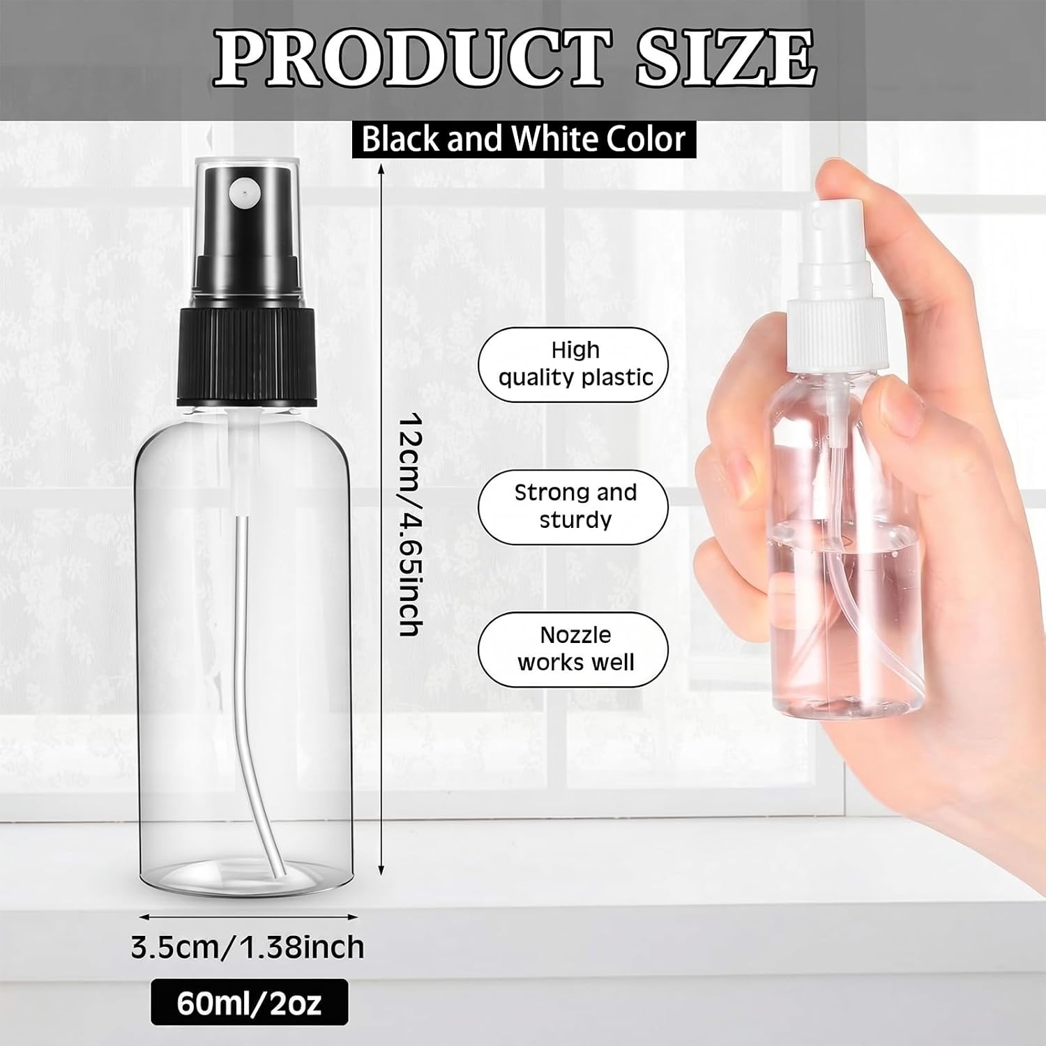 Roshtia 100 Pcs 2 oz Plastic Mini Spray Bottles with Black and White Cap Clear Empty Fine Mist Spray Bottles Refillable Liquid Container for Essential Oils Perfumes Travel Makeup