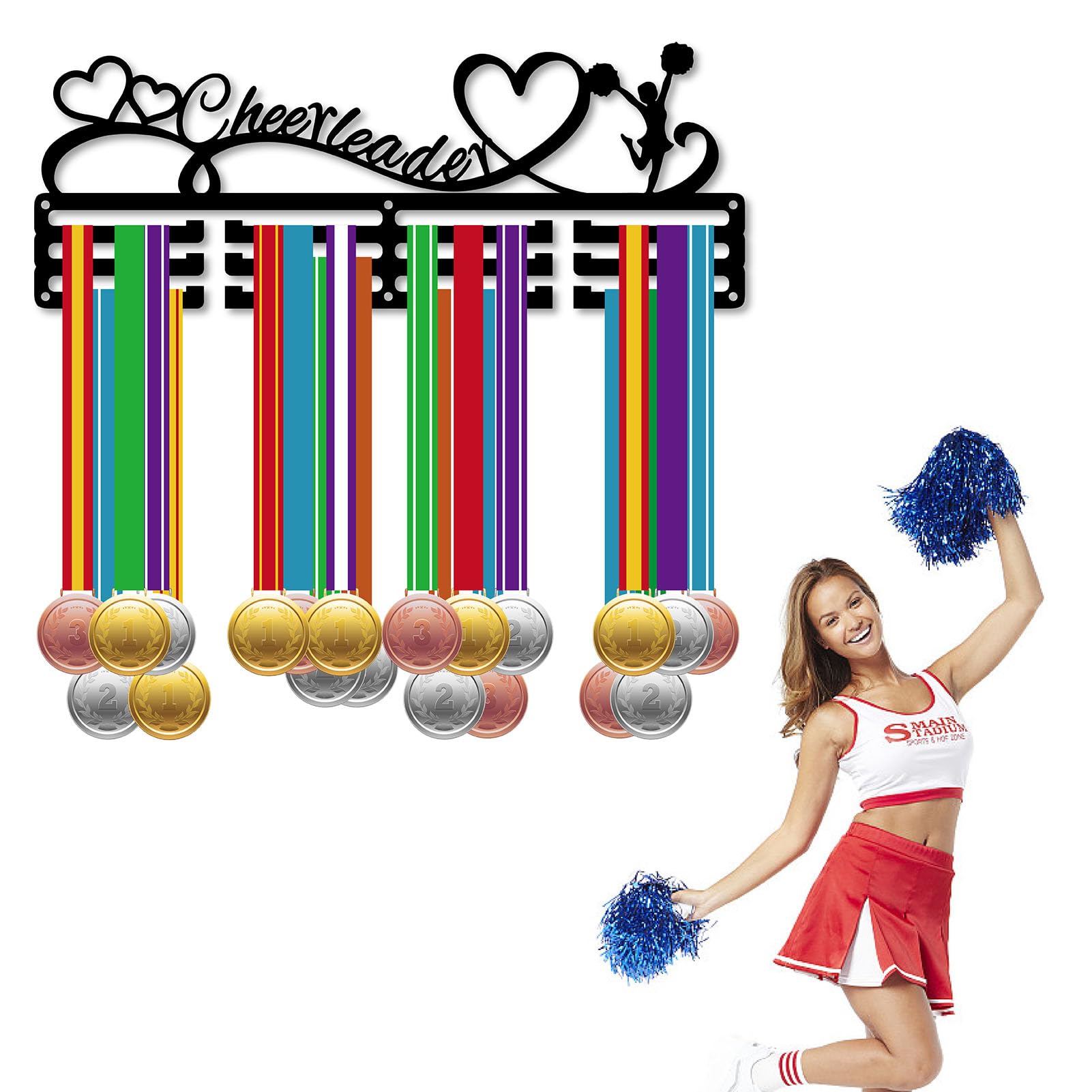 CREATCABIN Colgador Medallas Animadora,Soporte para Medallas,Estante para Mujeres,Corazón Alegría,Deportes,Metal,Colgante,Premios para Atletas,Soporte Pared Hierro,para Competición Cinta 40x15cm