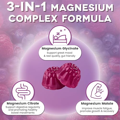 Miniatura 3 de Gomitas de complejo de magnesio 500 mg  Glicinato de magnesio, citrato, malato con vitamina D3, C, B6, B12, zinc y calcio, suplemento de magnesio