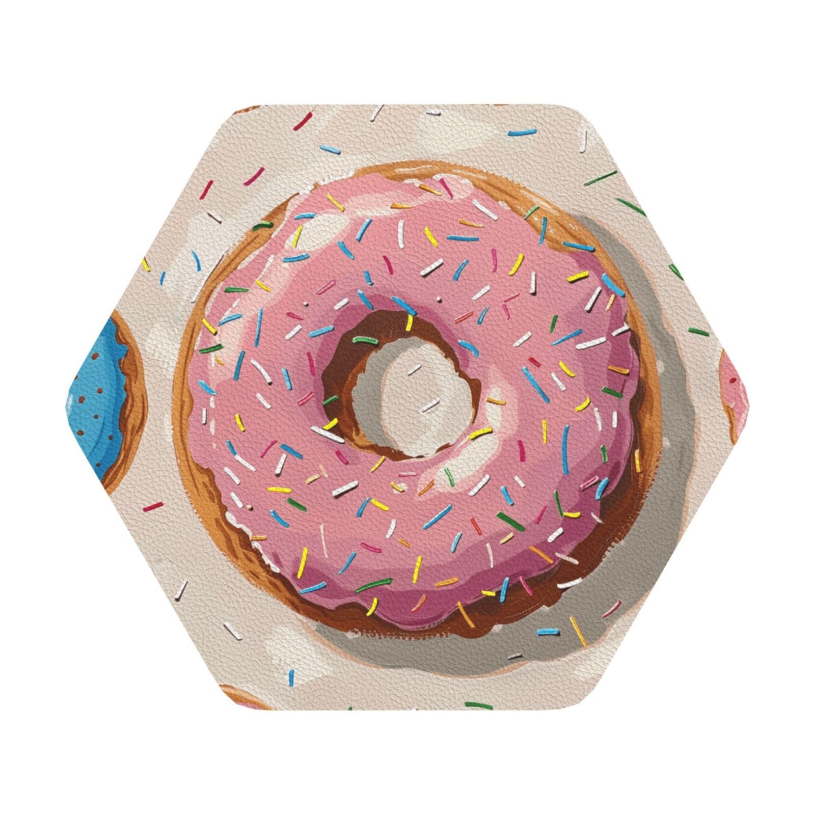 Donuts Print Leather Coaster Set of 6, Hexagon Coasters Table Decorative Coffee Cup Beverage Coasters Wine Beer Bar Coasters for Hot Drinks Table Protection