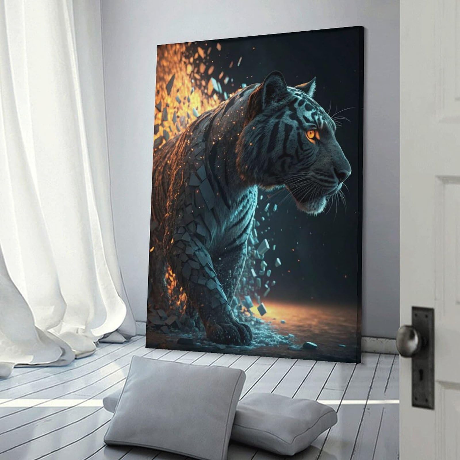 Junmoney Tiger Emerging from Shattering Fire Home Decor Wall Art, 16x24inch(40x60cm), for Work Areas, Reading Rooms Or Studios, An Interior Accent for Desk Areas