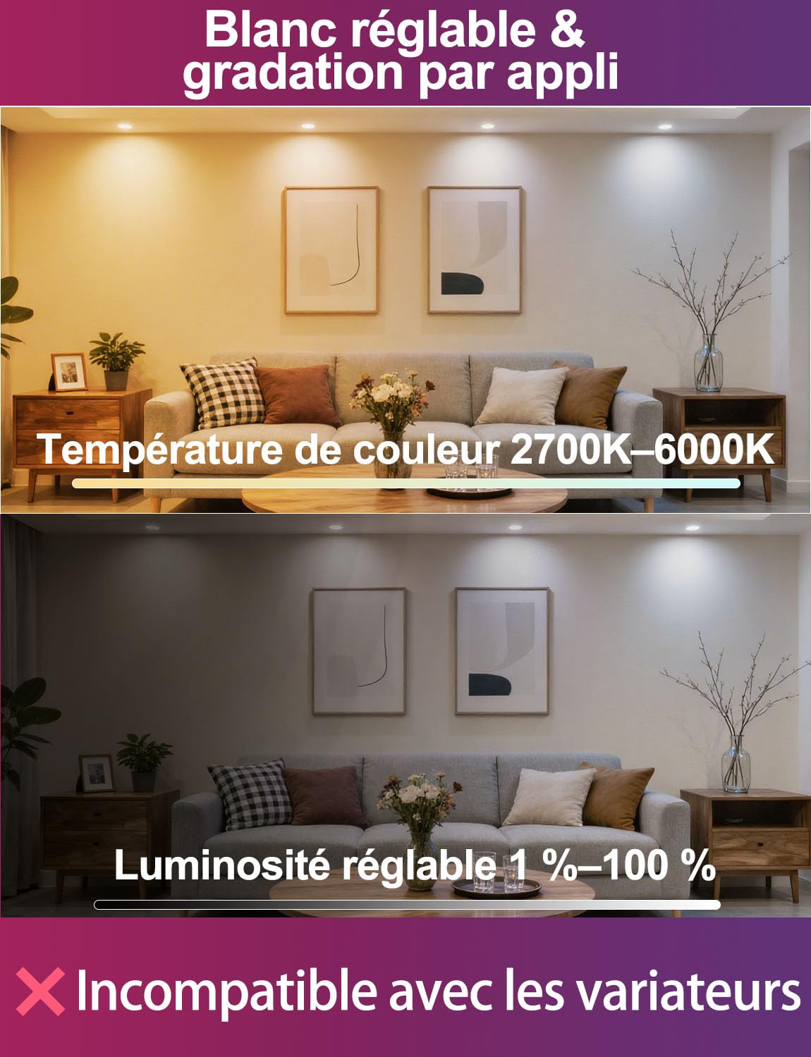 iLC Spots LED Encastrable 8W 60W Découpe Ф68-85mm IP44 Rond CCT RGB APP Lot de 8