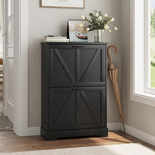 Miniatura 8 de Gabinete de almacenamiento de zapatos con 2 cajones abatibles, gabinete estrecho de zapatos estilo granja para entrada, gabinete delgado de zapatos