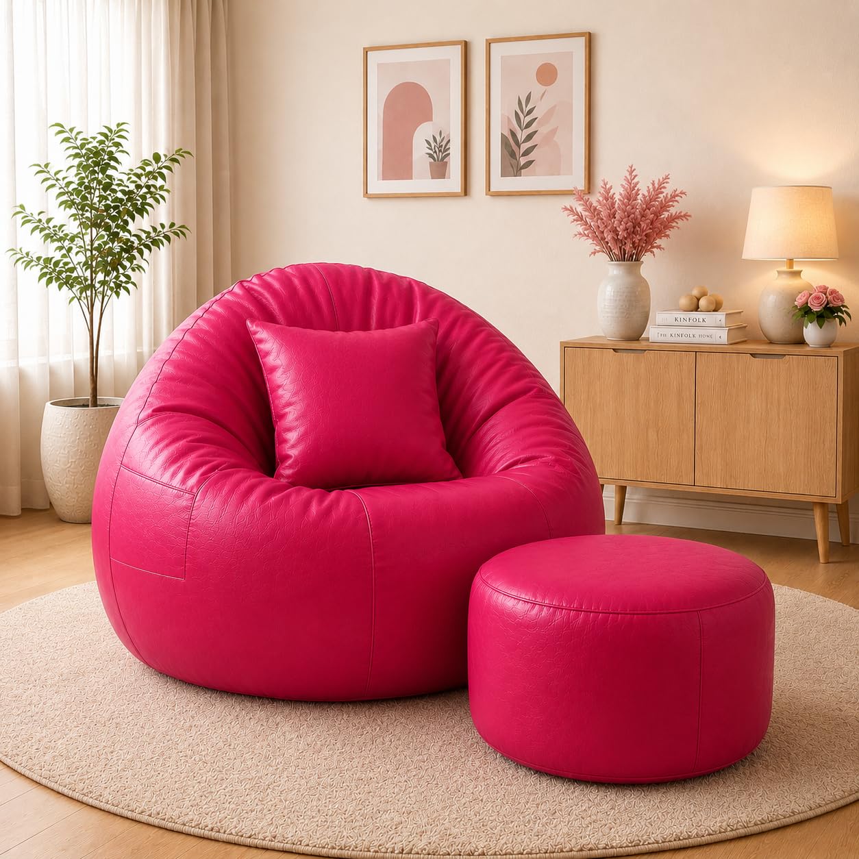 4XL Tear Drop Bean Bag Chair with Footrest & Pillow | Premium Leatherette Bean Bag Cover (Without Beans) Upto 150 Kg Capacity | Living Room Lounger (Pink, XXXXL)-picture-18