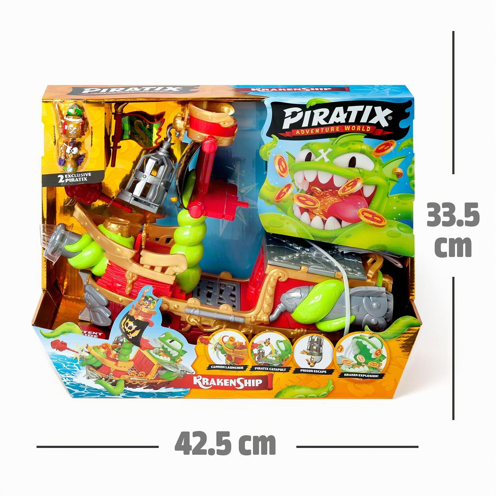 Piratix Kraken Ship – Kraken-Schiff aus Piratix. Enthält 1 Kraken-Schiff, 2 Piratix und exklusives Zubehör, 1 Kanonenprojektil, 1 exklusiver Schatz, 6 goldene Schätze, 1 exklusive Flagge, 1 Schwert, 1
