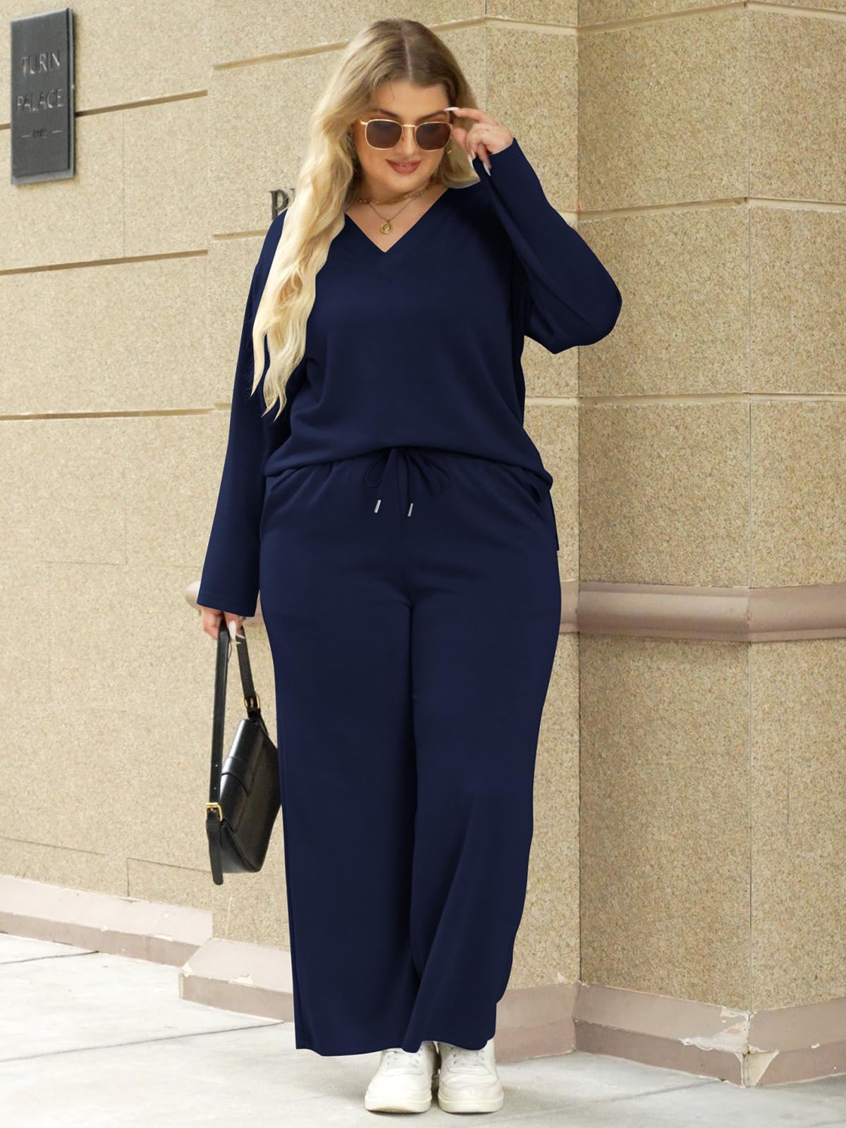 VUTRU Survêtement 2 pièces élégant en coton à col rond pour femme - T-shirt à manches longues et pantalon large avec poches - Survêtement de sport pour femme