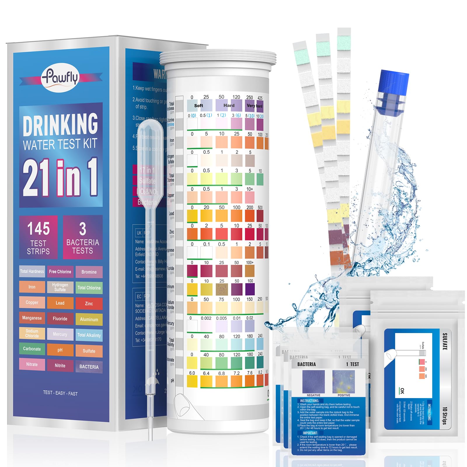 Pawfly 21 en 1 Kit de Prueba de Agua Potable, 125 Tiras para el Agua del Grifo Piscina Acuario, hogar Tiras de Prueba de Calidad del Agua para pH dureza Cloro Plomo Hierro Cobre nitrato fluoruro