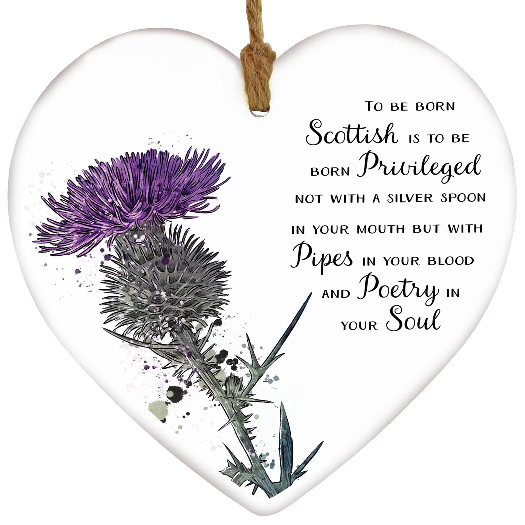 To Be Born Scottish Thistle Watercolour Effect Illustration Ceramic Heart Hanging Plaque