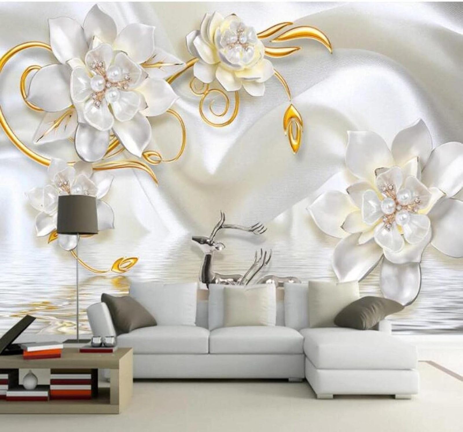 XLMING Exquisite White Jewellery Floral Reindeer 3D Wallpaper Luxury Home Dining Decor Paste Sofa Living Room The Wall for Bedroom Mural-150cm×105cm