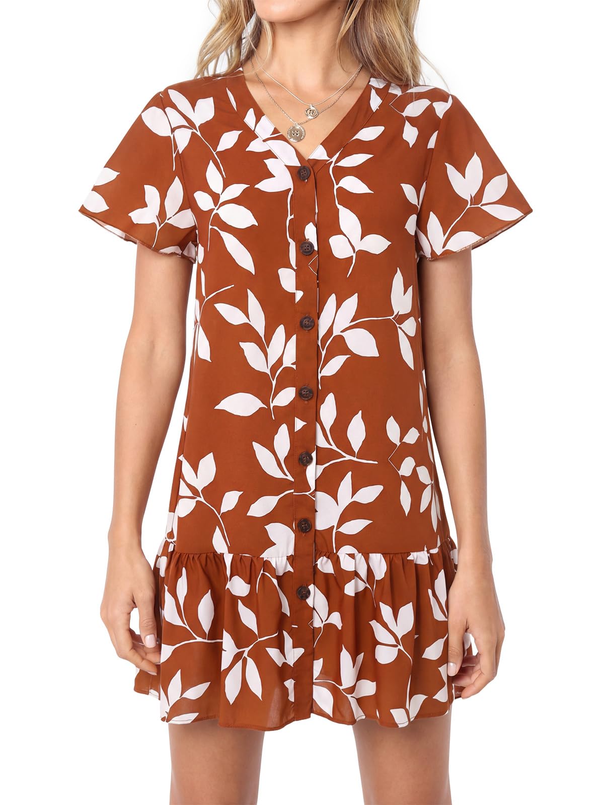 Imysty Womens Summer Polka Dot V Neck Button Down Loose Mini Dress