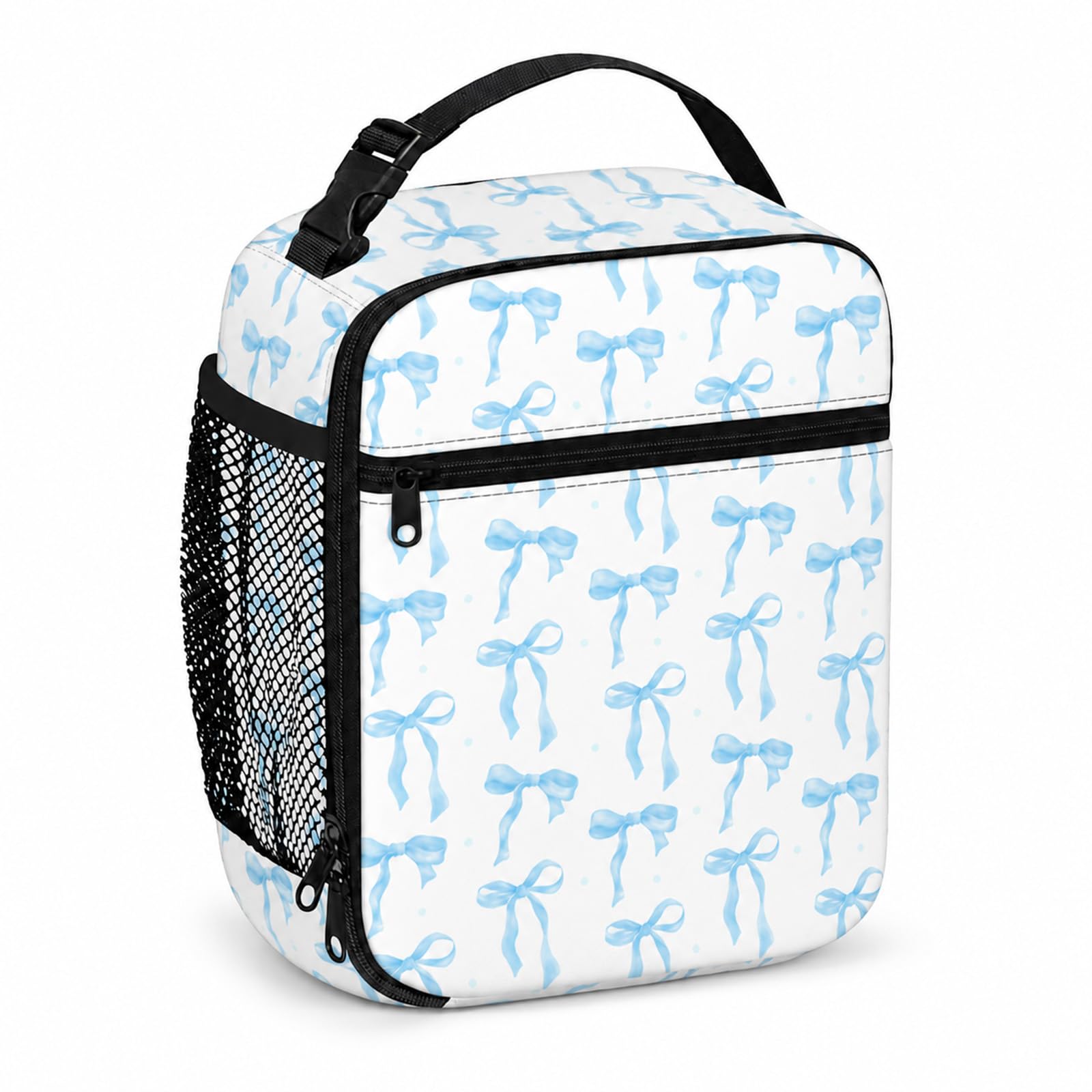 Nevicor Insulated Lunch Bag for Women, Portable Thermal Girls Lunch Bag with Sturdy Handle, Cute Lunch Box with Blue Bow Design, Leakproof Packed Lunch Box for Work School and Picnics