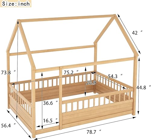 Miniatura 11 de Bellemave Cama Montessori de madera con valla y techo para niños, marco de cama individual para niños, niñas (individual, blanco)