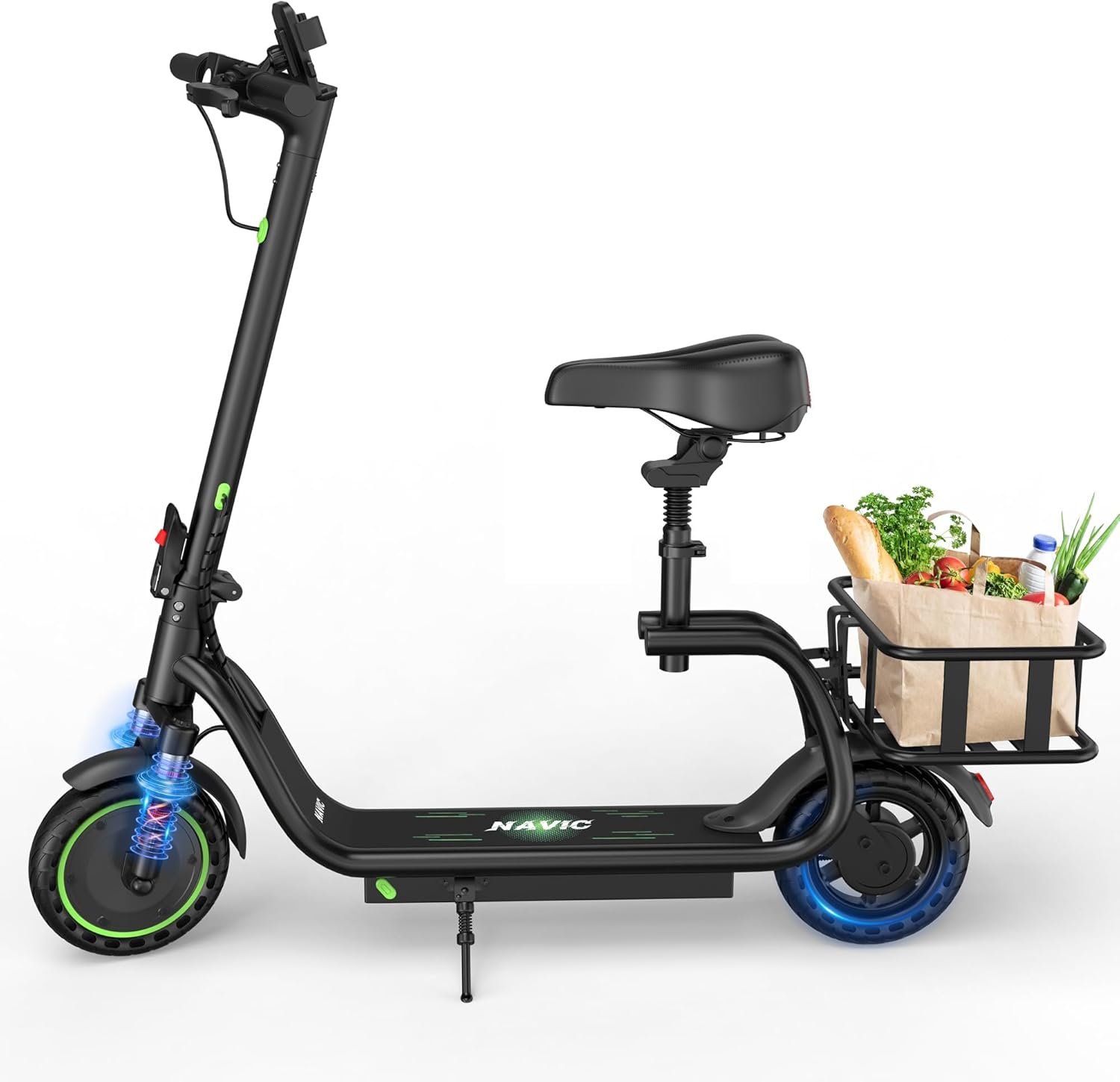 NAVIC Electric Scooter with Seat,15/25Mile Range,Top Speed 19MPH,8.5" Tires,350W Motor,Double Shock Absorption,Double Braking Systems,Foldable Commuter Escooter with Back Basket,APP Control product image