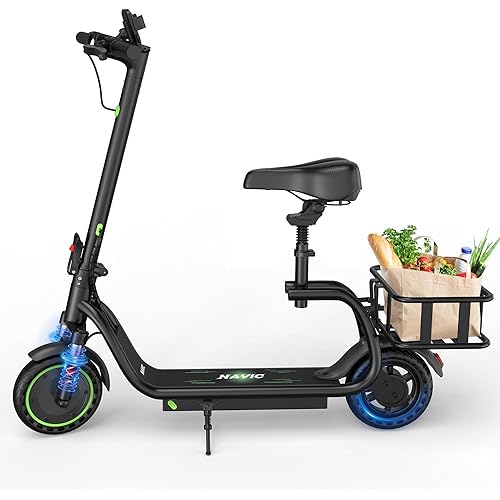 NAVIC Electric Scooter with Seat,15/25Mile Range,Top Speed 19MPH,8.5" Tires,350W Motor,Double Shock Absorption,Double Braking Systems,Foldable Commuter Escooter with Back Basket,APP Control