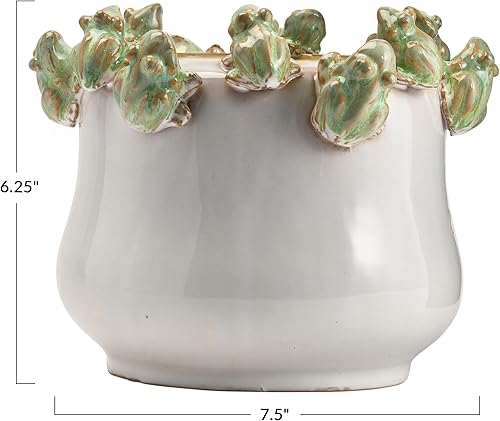 Miniatura 4 de Creative Co-Op Figura de rana de gres con borde, maceta multicolor, marfil