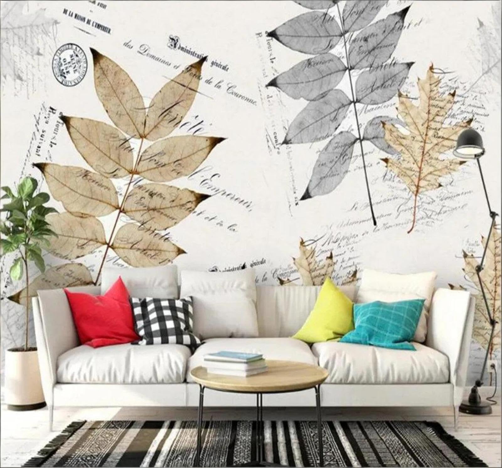 Tzxztt Art Hand Drawn Leaves Textures Letters Modern 3D Wallpaper Premium Textured Silk Neutral Tones Material Ideal for Living Room Bedroom-250cm×170cm