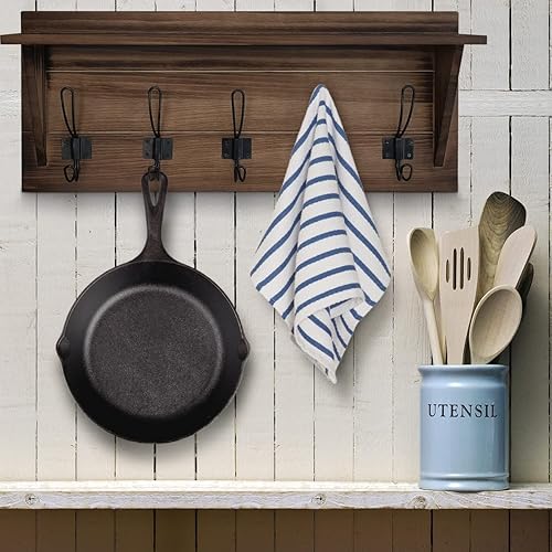 Miniatura 6 de Perchero montado en la pared, estante de entrada de madera rústica de 24 pulgadas con 5 ganchos rústicos con madera de pino maciza. Tacto perfecto