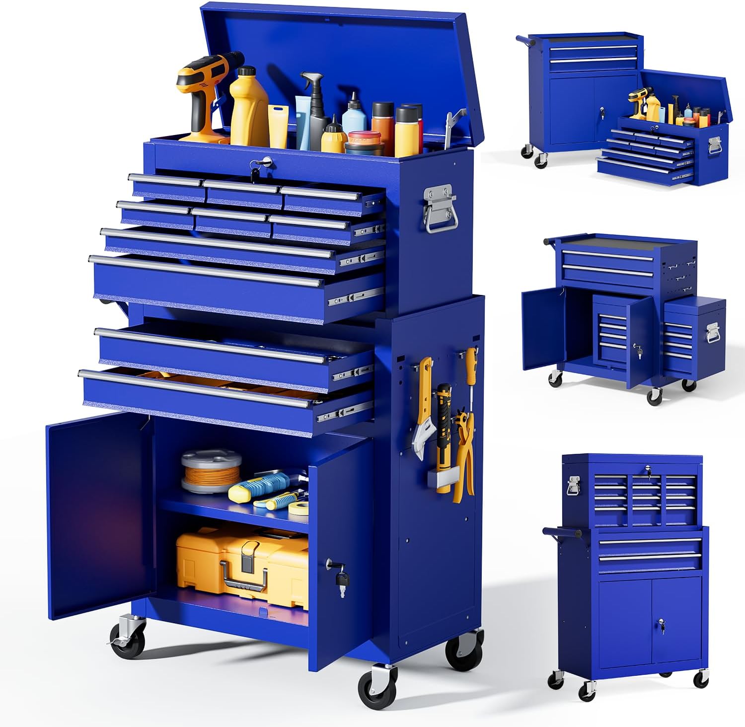 10-Drawer Rolling Tool Chest with wheels, Lockable 2-in-1 Tool Box