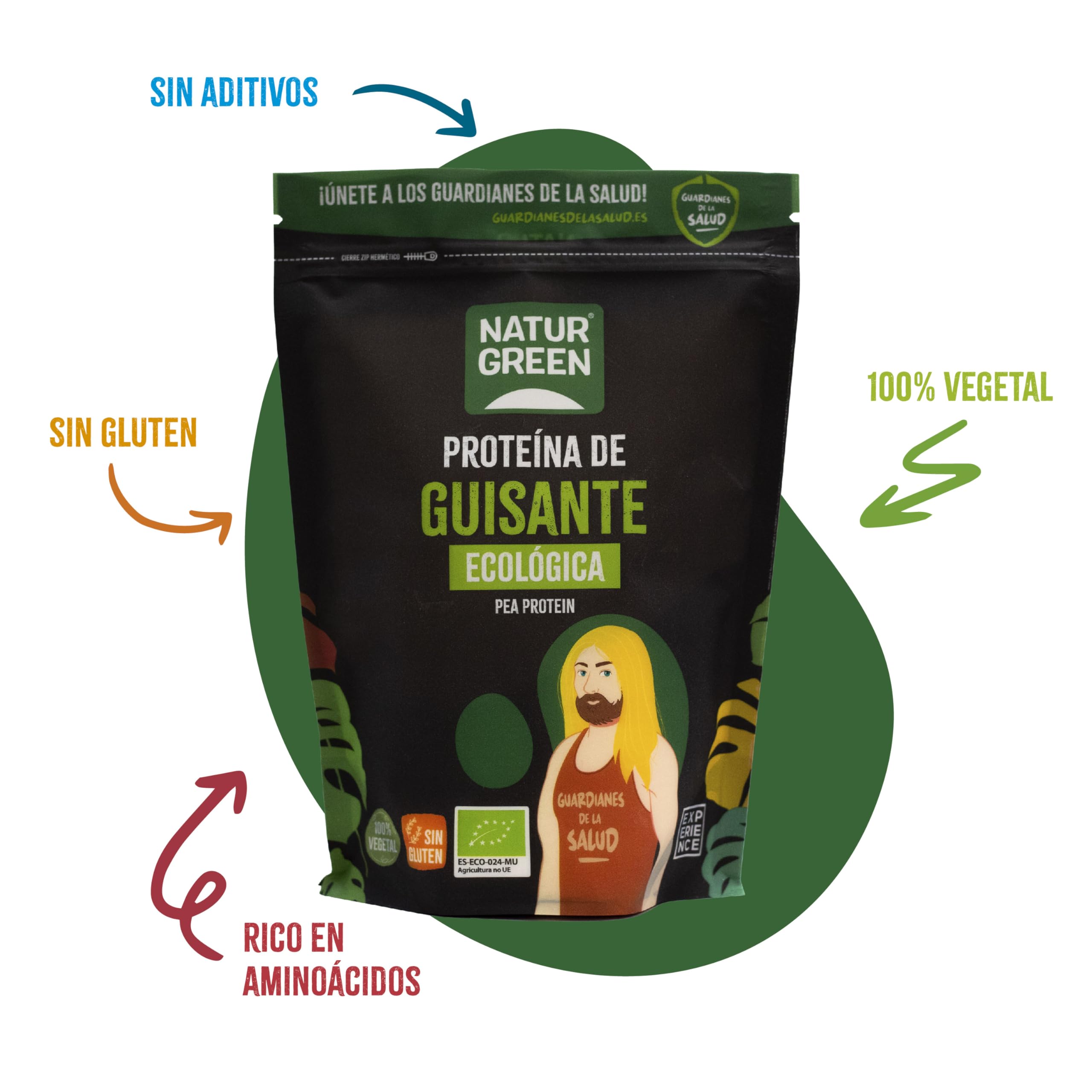 NaturGreen - Proteína de Guisante BIO, Concentrado de Proteína Ecológica, Superalimento, Polvo de Proteínas y Aminoácidos, 100% Vegano - Pack 10 Unidades de 400 g