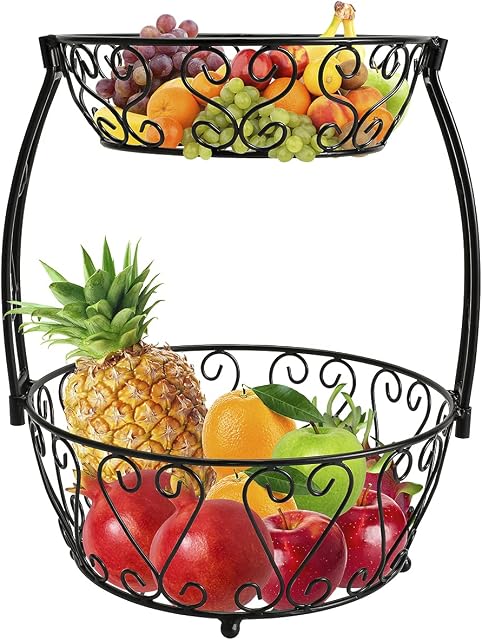 2 Tier Fruit Bowl,Countertop Fruit Basket Vegetable Rack Fruit Tray For Kitchen Fruit and Vegetable and Counter Snack Storage Black