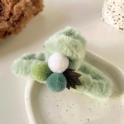 Miniatura 3 de 1 paquete de pinzas de pelo de felpa de pelo sintético con bola esponjosa verde, pinzas para el pelo mullidas, horquilla antideslizante para cabello