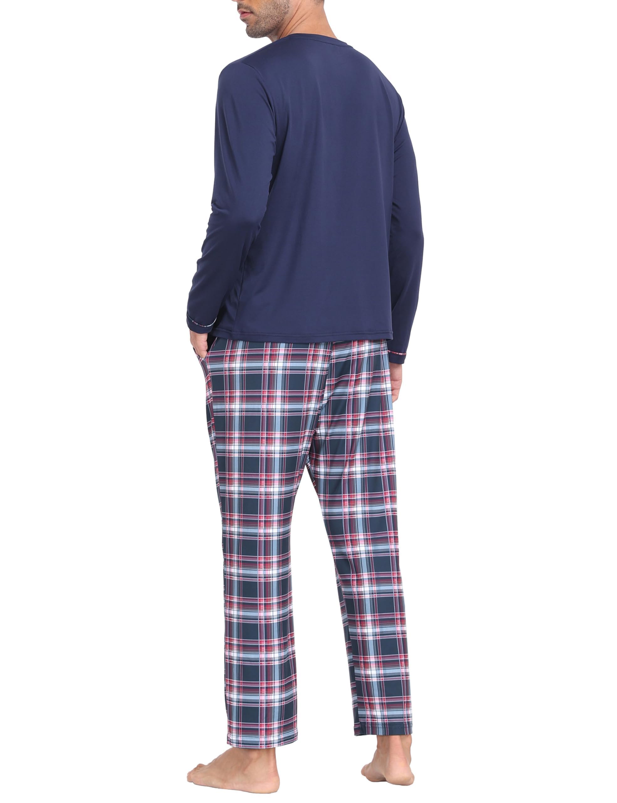 MoFiz Pijamas Largo Hombre Invierno Suave Cálido Ropa de Dormir Conjunto de Pijama Manga Larga Camiseta y Pantalón de Pijama a Cuadros con Bolsillos