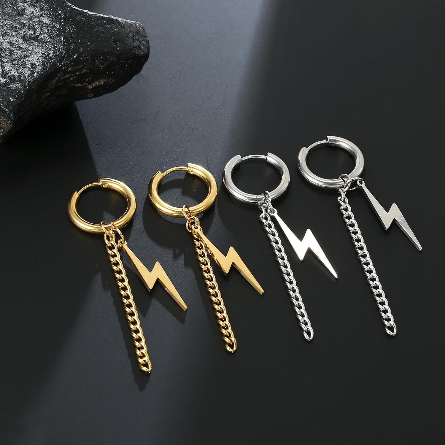 Lightning Bolt Earrings for Women Stainless Steel Charm Punk Lightning Bolt Dangle Hoop Earrings Hip Hop Jewelry (silver 2) image 5