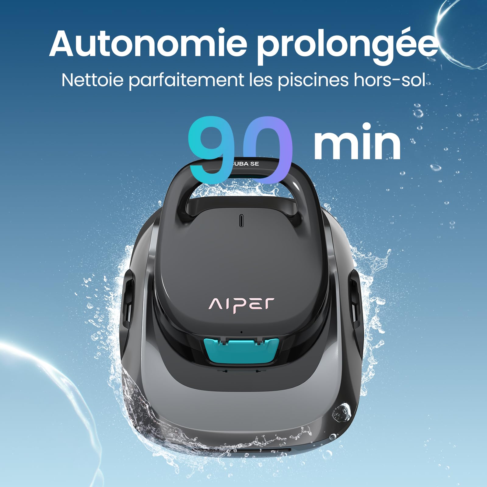 AIPER Robot Piscine sans Fil, Aspirateur de Piscine Automatique, Autonomie 90 Min, Aspire Débris et Feuilles, Auto-Stationnement, Idéal pour Piscines Hors-Sol jusqu'à 80 m²