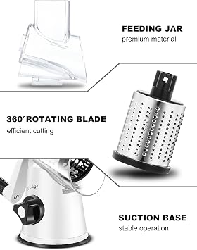 GDL Cheese Grater with Crank Vegetable Slicer with 3 Interchangeable Drum Blades Grater Kitchen Fast Cutting Drum Grater Suitable for Vegetables Fruits etc.