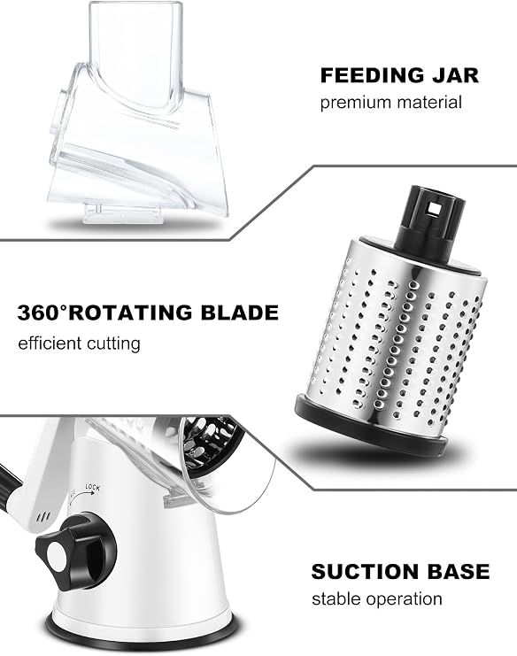 GDL Cheese Grater with Crank Vegetable Slicer with 3 Interchangeable Drum Blades Grater Kitchen Fast Cutting Drum Grater Suitable for Vegetables Fruits etc.