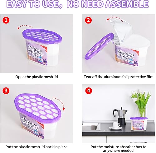 Miniatura 4 de PEKGRIL Cajas absorbentes de humedad de 169fl oz 8 paquetes deshumidificador de armario con fragancia lavanda cubo absorbente de humedad atrae