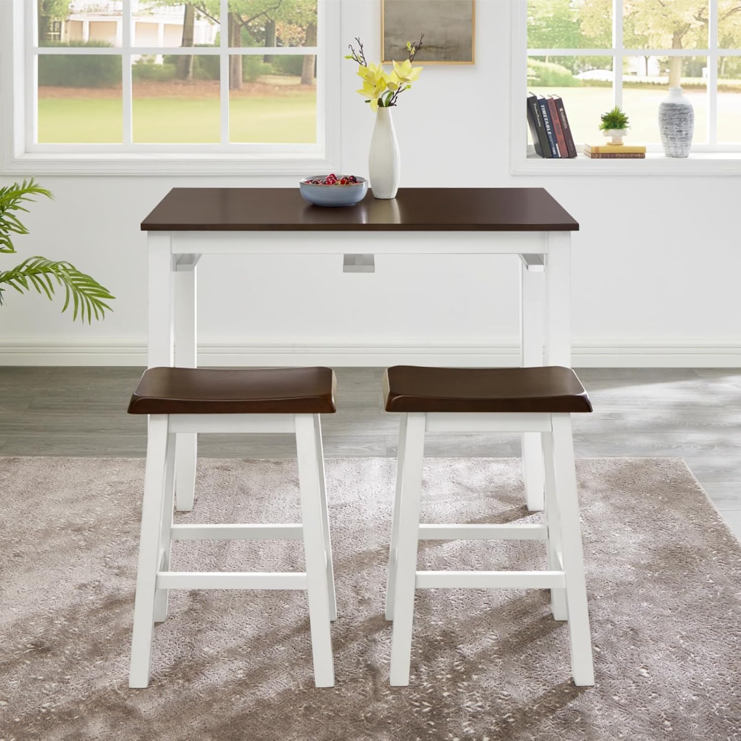 3 Piece Bar Table Set, Industrial Counter Height Table Set for 2, Bar Table with Stools Set of 2 for Living Room Dining Room Kitchen, Dark Coffee+White