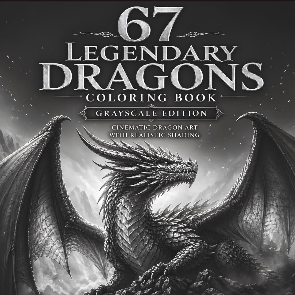 67 Legendary Dragons Coloring Book – Grayscale Edition: Cinematic Fantasy Dragon Art with Realistic Shading for Mindfulness & Creativity
