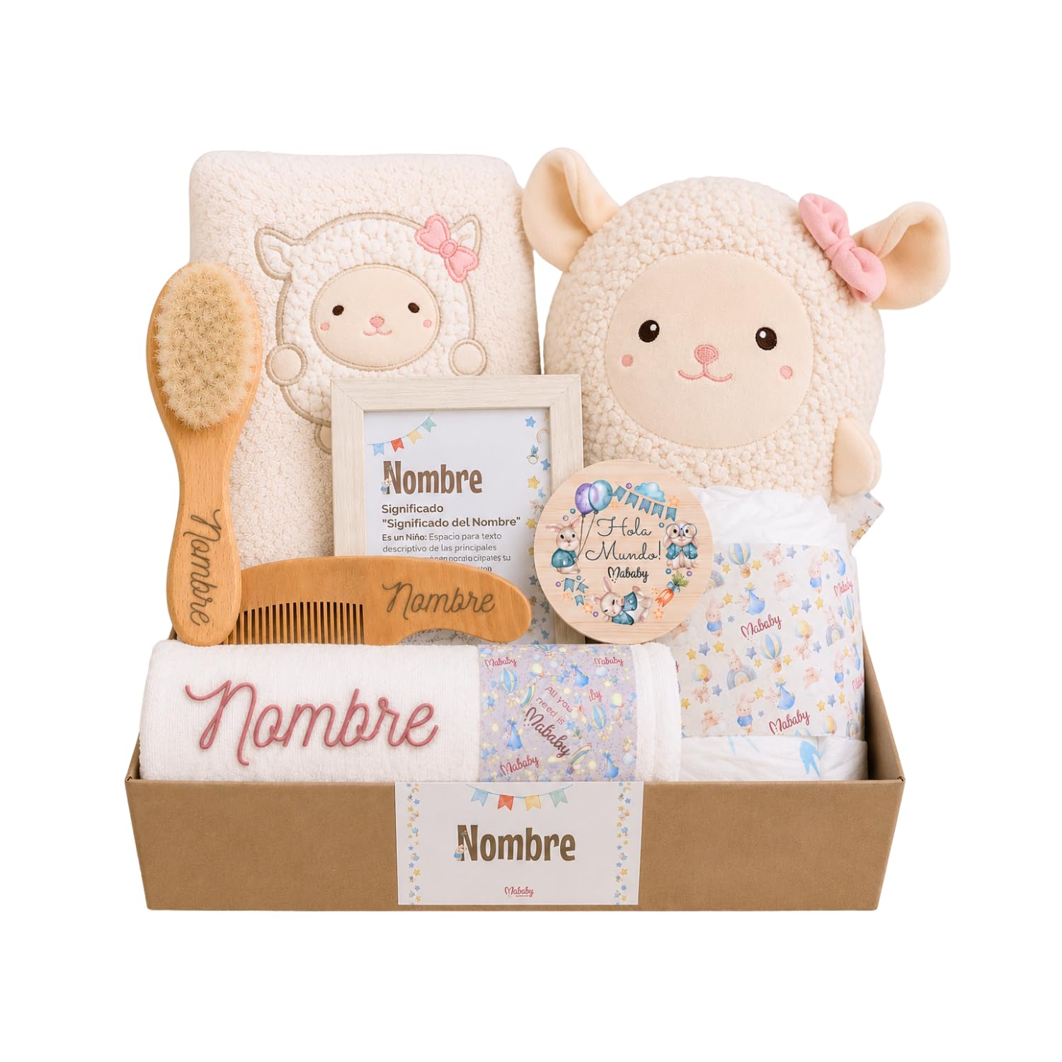 Cesta Bebé Personalizada Mi Ovejita, Regalo Recién Nacido con Manta Coralina, Peluche Ovejita, Cepillo y Peine Personalizados y Gasa Bordada (Rosa)