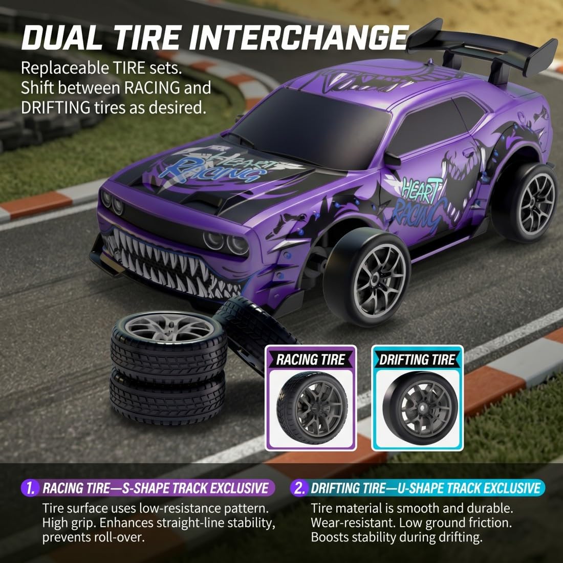 1:24 RC Drift Car 4WD, 2,4GHz Ferngesteuertes Drift Auto mit LED-Lichtern, Drift- & Grip-Reifen Set, Type-C Akku, Graffiti Racing Fahrzeug Modell für Erwachsene