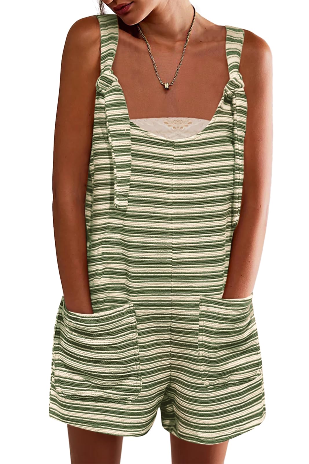 Yousify Womens Summer Casual Sleeveless Romper Loose Striped Tied Shorts Overalls Jumpsuit with Pockets 2026 Clothes