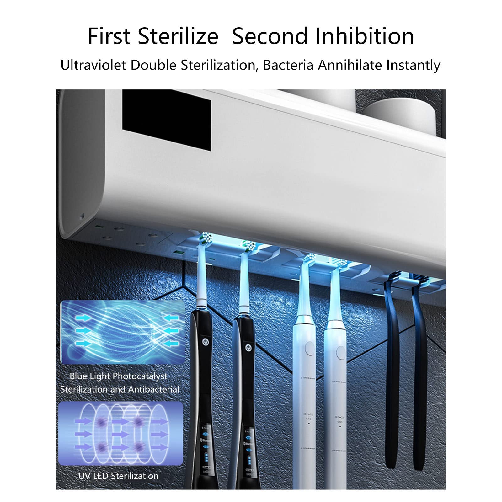 Desinfectante UV para cepillo de dientes – Soporte recargable montado en la pared para 6 cepillos de dientes y 3 tazas, función esterilizador para viajes y uso doméstico por