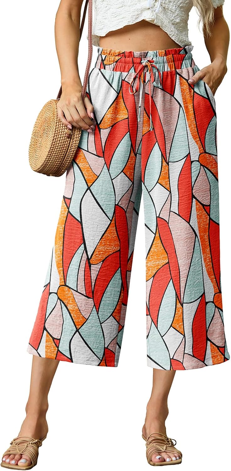 FREEOAK Capri Pants for Women High Waisted Wide Leg Casual Lounge Pant Summer Capris Adjustable Drawstring with Pockets