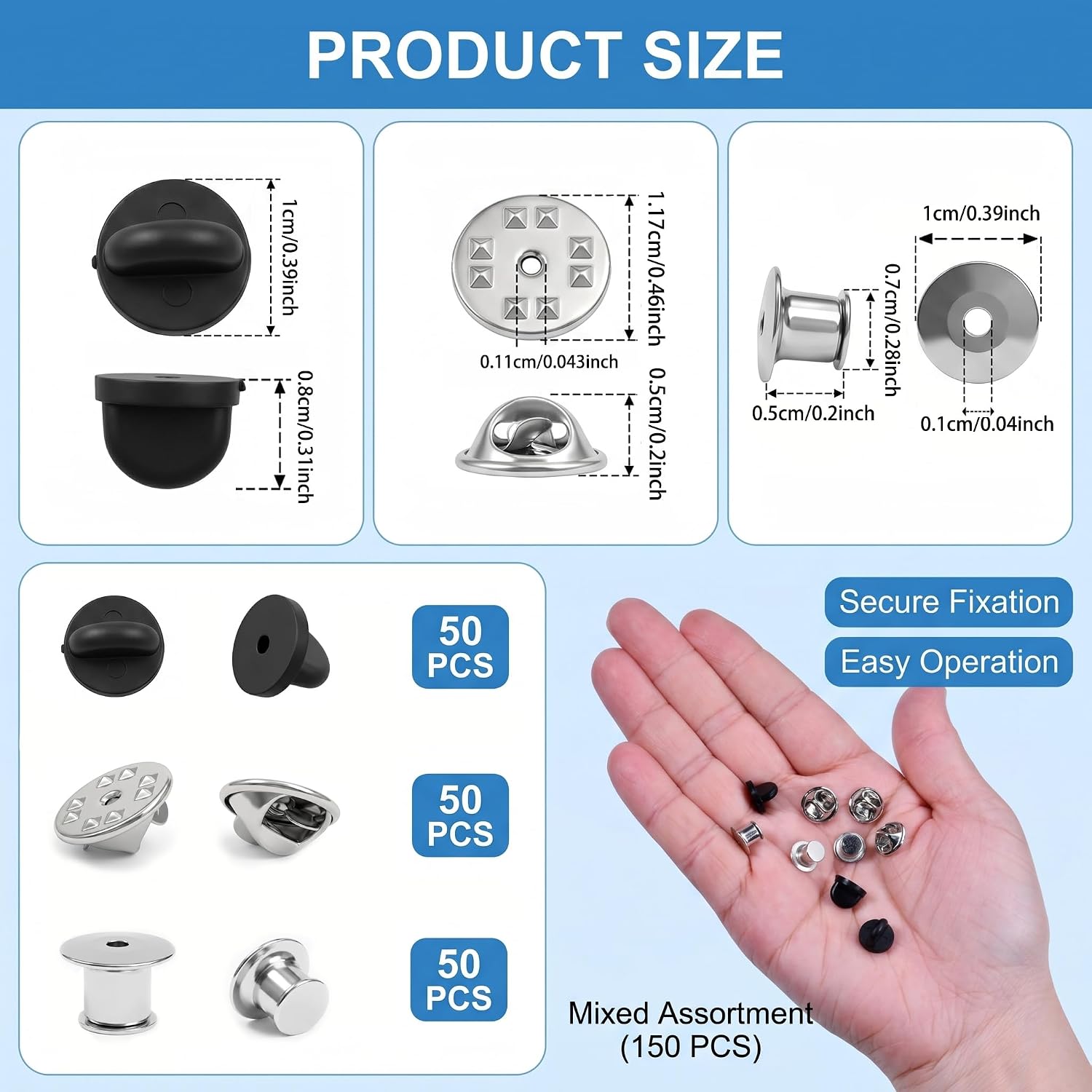 150Pcs 3-Style Pin Backs Set - Locking, Rubber & Metal Clasps for Uniforms
