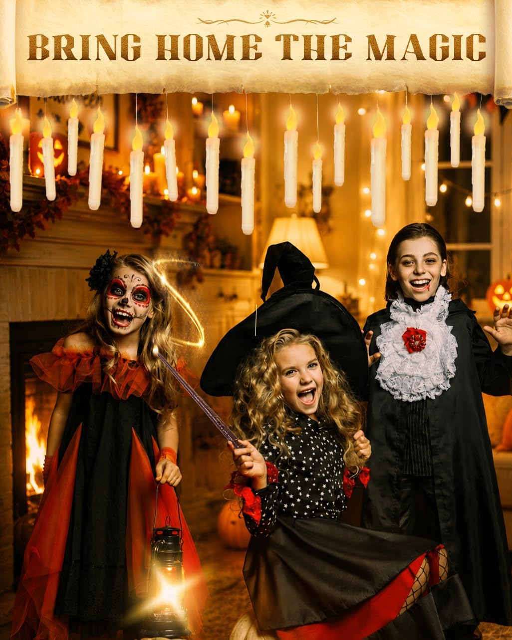 Flameless Floating Candles with Wand，20 Pcs Magic LED Hanging Taper Candles，Flickering Battery Operated Taper Candle with Wand Remote for Halloween Decorations image 4
