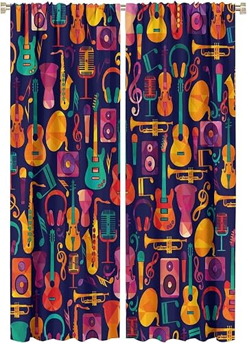 Miniatura 10 de Cortinas de música retro, notas musicales abstractas en blanco y negro, con bolsillo para barra, cortinas opacas para ventana para sala de estar,