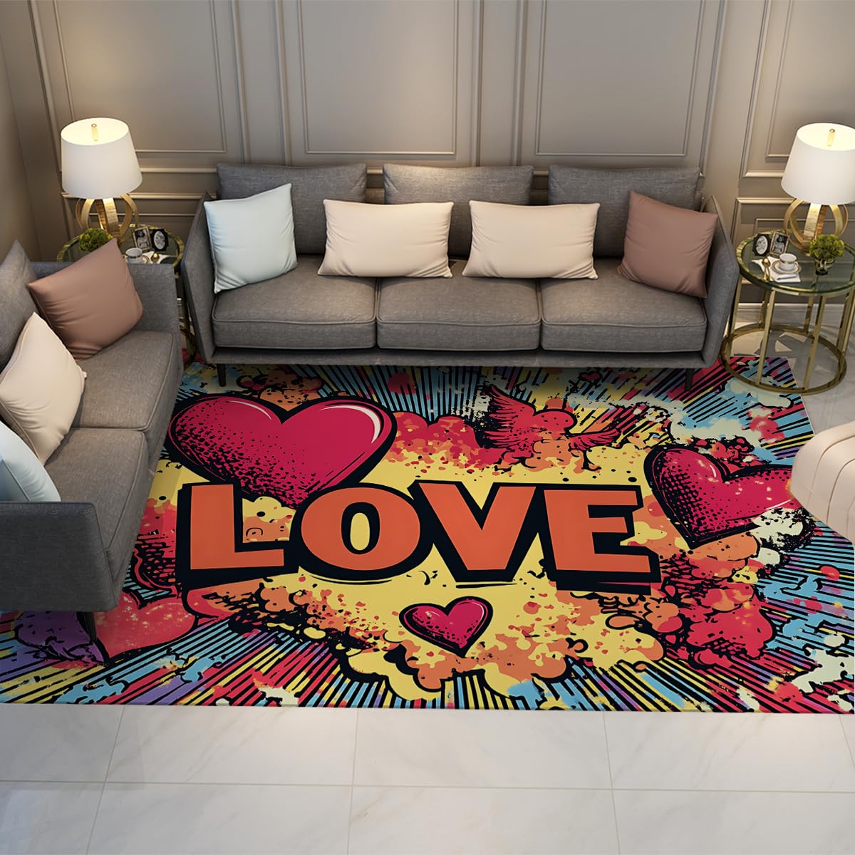 Tapis 180x240cm Pop Art Salon à motif cœur grand format pliable